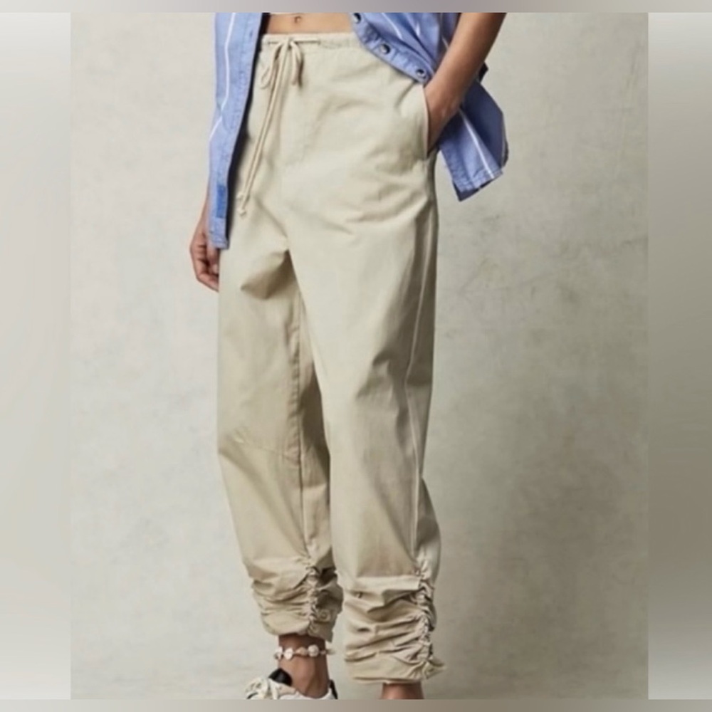 Free People Beige Drawstring Ruched Ankle Joggers